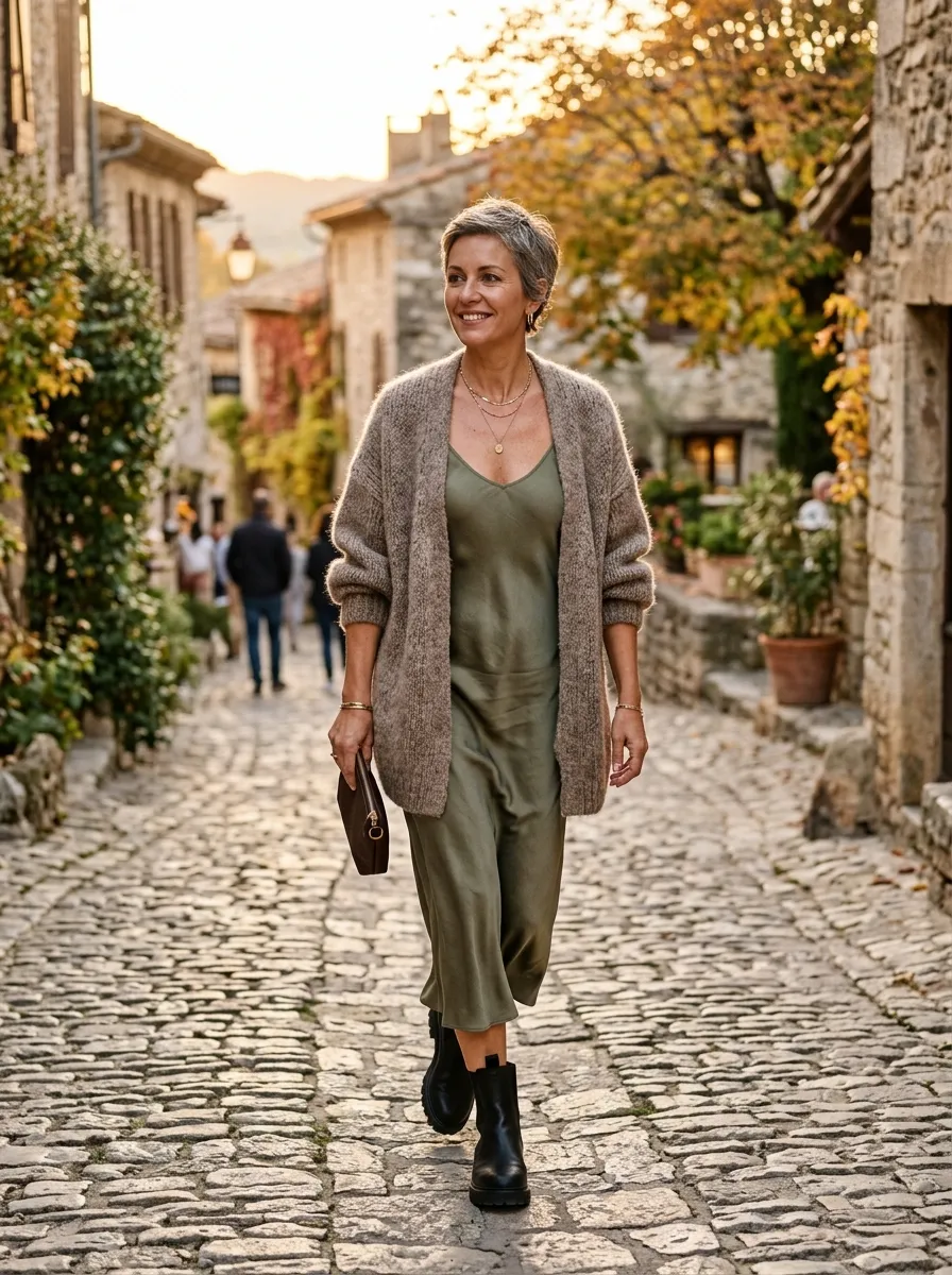 Olive silk satin slip dress layered with a long chunky knit cardigan and Chelsea boots