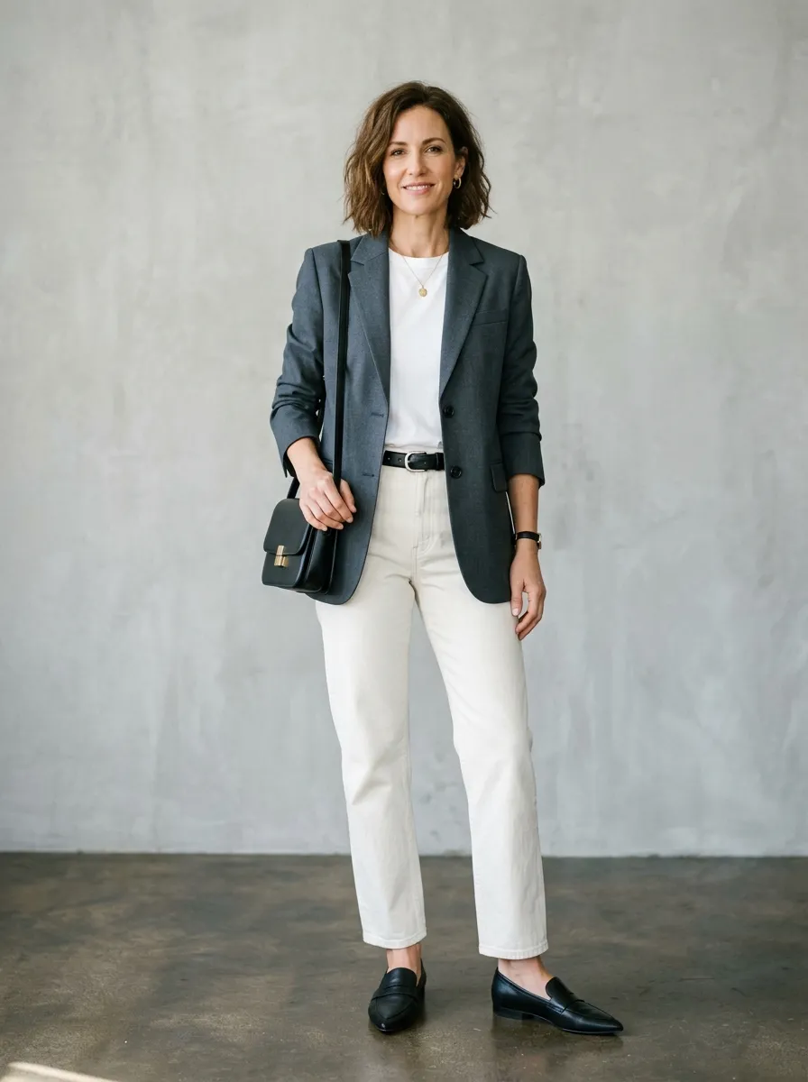 Charcoal slate blazer over a white tee and relaxed ecru denim jeans