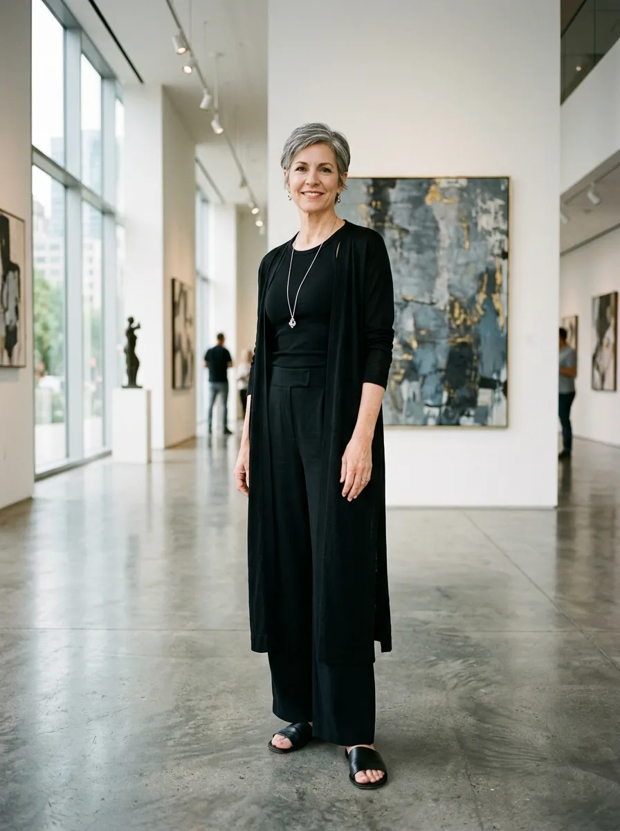 All-black knit tank and wide-leg trousers layered under a long open silk-blend duster cardigan