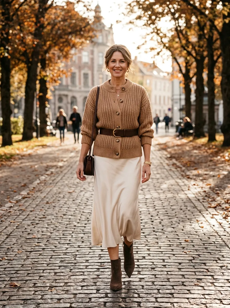 Woman in a camel chunky knit cardigan cinched with a wide brown leather belt over cigarette pants