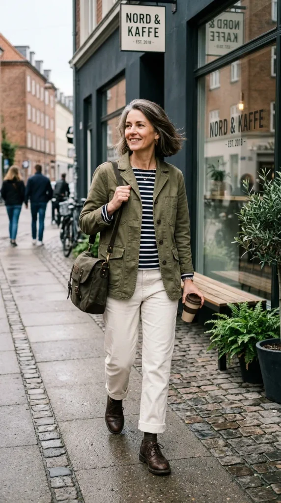 Woman wearing a chocolate brown wide-wale corduroy blazer over a cream fine-knit sweater with camel wide-leg trousers