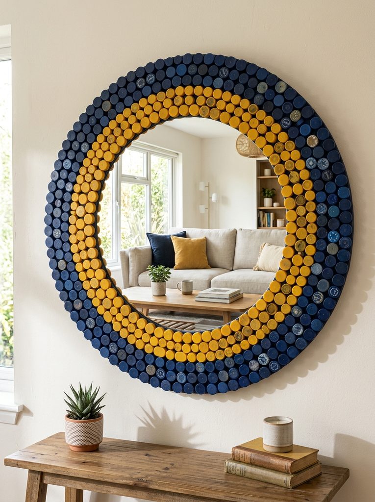 Round mirror surrounded by concentric rings of plastic bottle caps forming a decorative frame