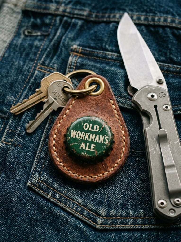 Bottle cap medallion mounted on a stitched vegetable-tanned leather key fob