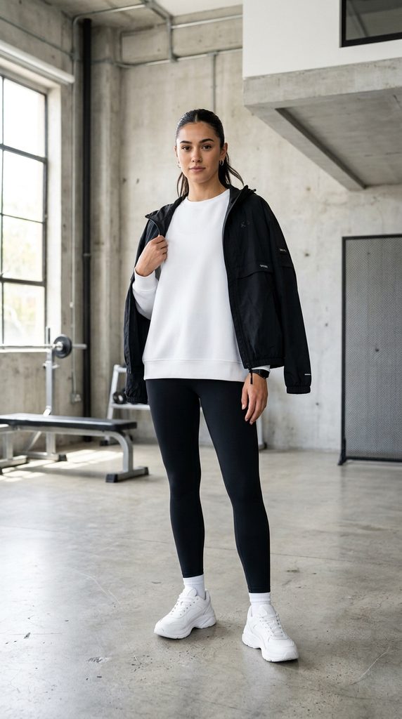 Woman wearing black ponte trousers and an ivory modal top under a packable black trench coat, carrying a small case