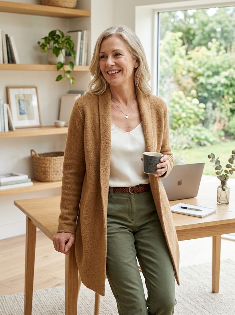 Woman wearing a heavy flannel shirt-jacket open over a long ribbed knit column dress with indoor clogs
