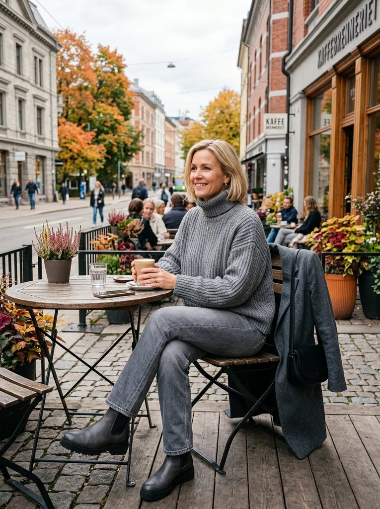 Woman wearing an oversized ice blue cotton poplin shirt with matching ice blue crepe trousers and a glacier blue wool overcoat