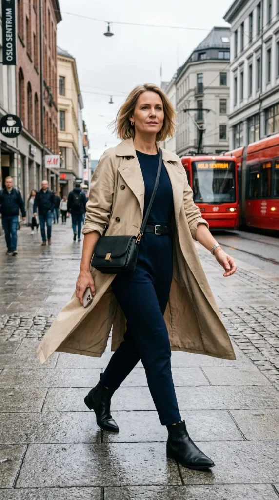 Woman wearing layered monochrome knitwear with fluid silk wide-leg trousers in one tonal colour