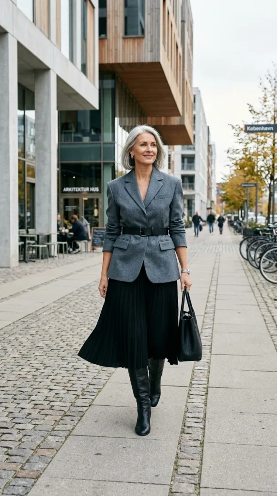 Woman wearing a soft unstructured black blazer over a dark tonal silk slip dress for the evening