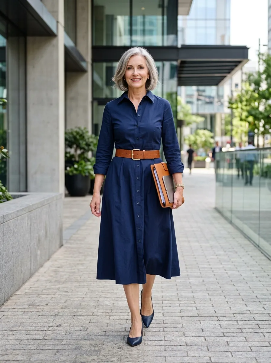 Navy minimalist shirt dress cinched at the waist with a wide cognac leather belt