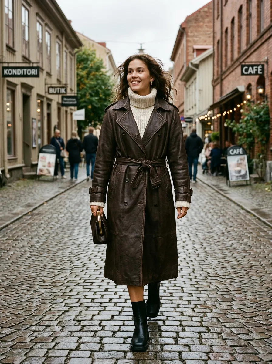 Woman in charcoal wool sweater and trousers with an oversized brushed blanket scarf draped across her chest and shoulder