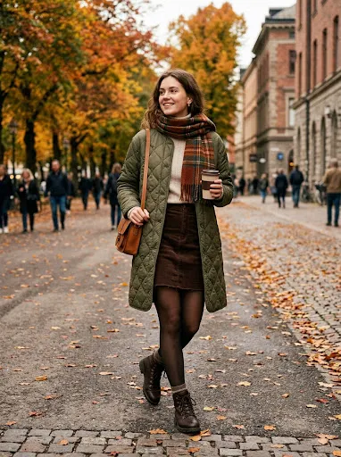 Long charcoal wool overcoat over a cream sweater and navy pinstripe suiting mini skirt