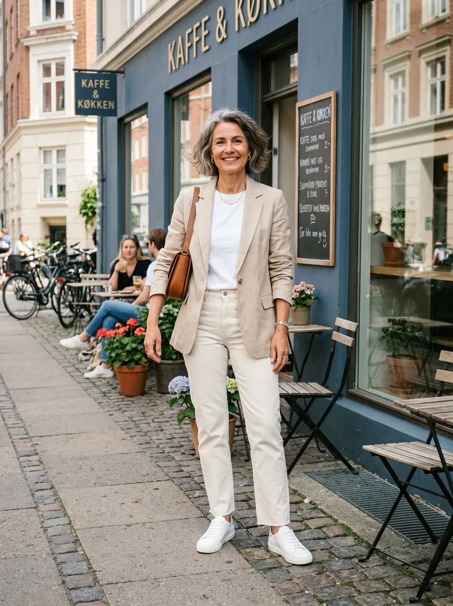 Olive camp-collar short-sleeve shirt tucked into high-waisted beige tailored Bermuda shorts