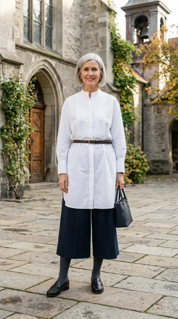 Woman wearing a boxy ecru linen overshirt open over a sage silk slip dress with flat leather mules