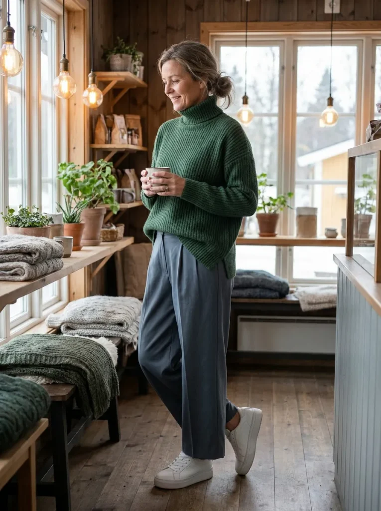 Woman wearing a buttoned sage fine-knit cardigan as a top with wide-leg natural linen trousers and leather slides