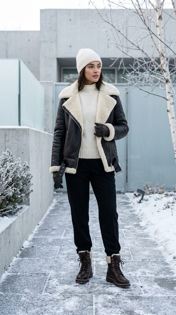 Woman wearing a double-breasted black blazer over a crisp white poplin shirt with black straight-leg trousers
