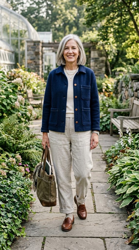 Woman over 50 wearing an oatmeal cashmere turtleneck with wide-leg grey wool flannel trousers and loafers