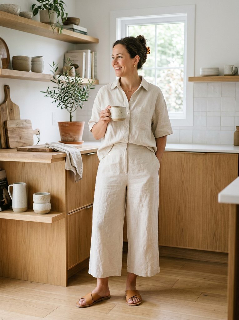 Woman over 40 wearing an oversized oatmeal cashmere mock neck sweater with wide fluid wool trousers at a home desk