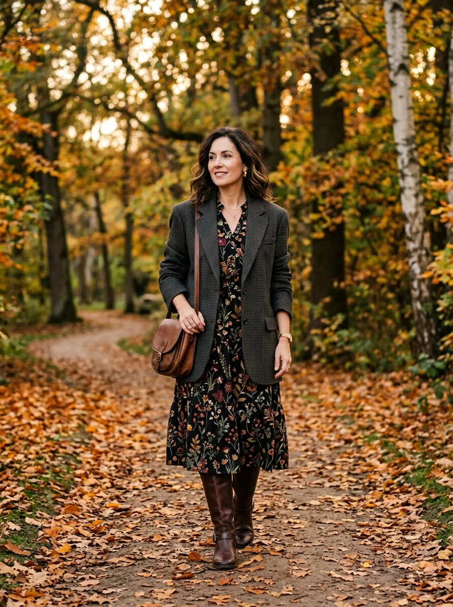 Dark floral prairie midi dress sharpened with a structured charcoal wool blazer and riding boots