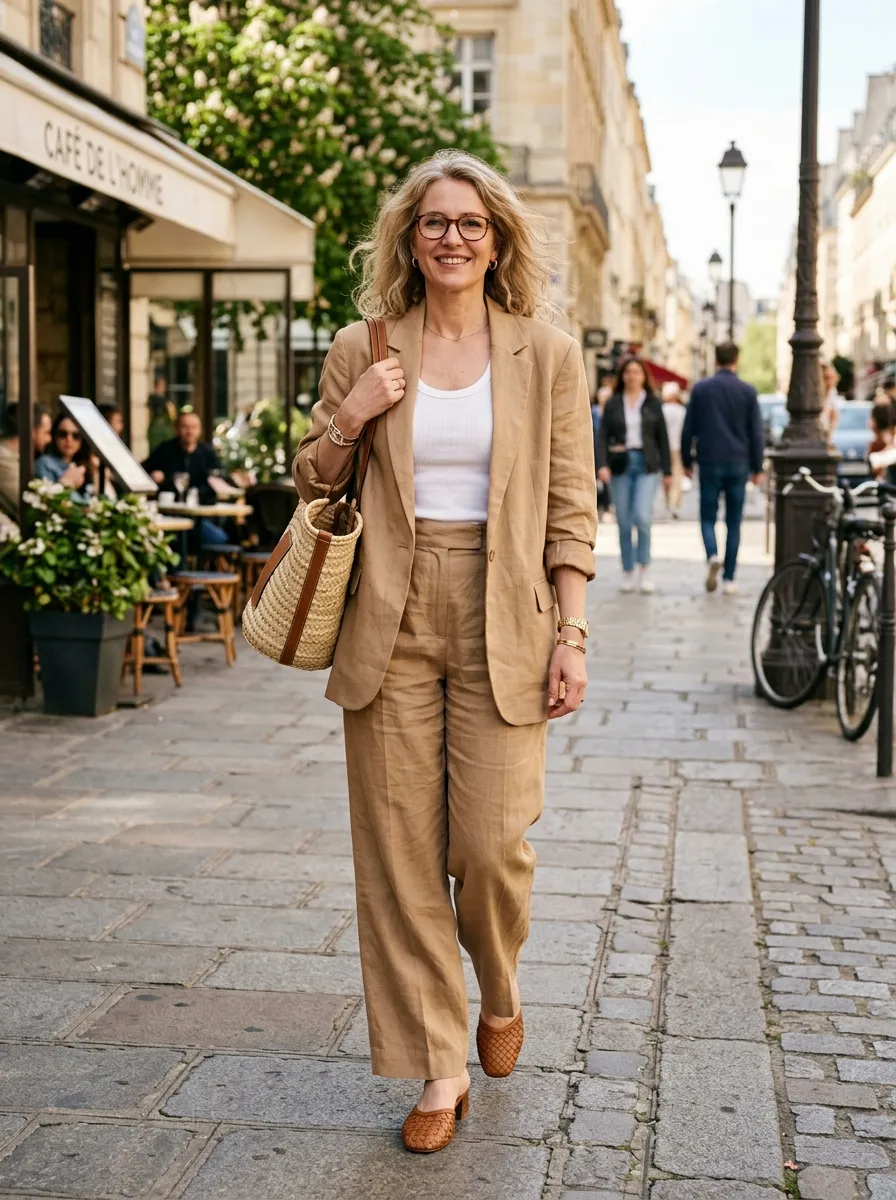 Chunky ivory turtleneck sweater tucked into wide-leg oatmeal wool flannel trousers