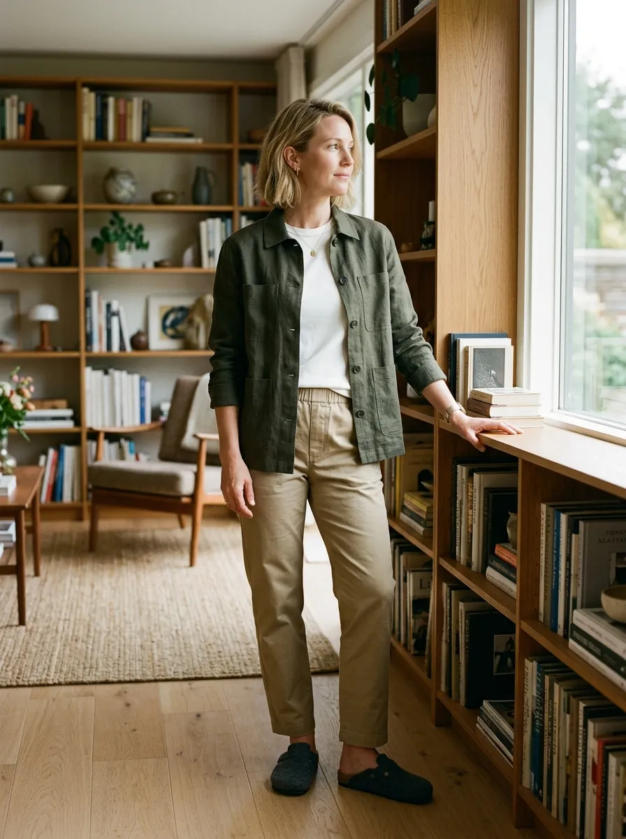 Navy and cream Breton stripe boatneck top front-tucked into loose ivory raw silk drawstring trousers