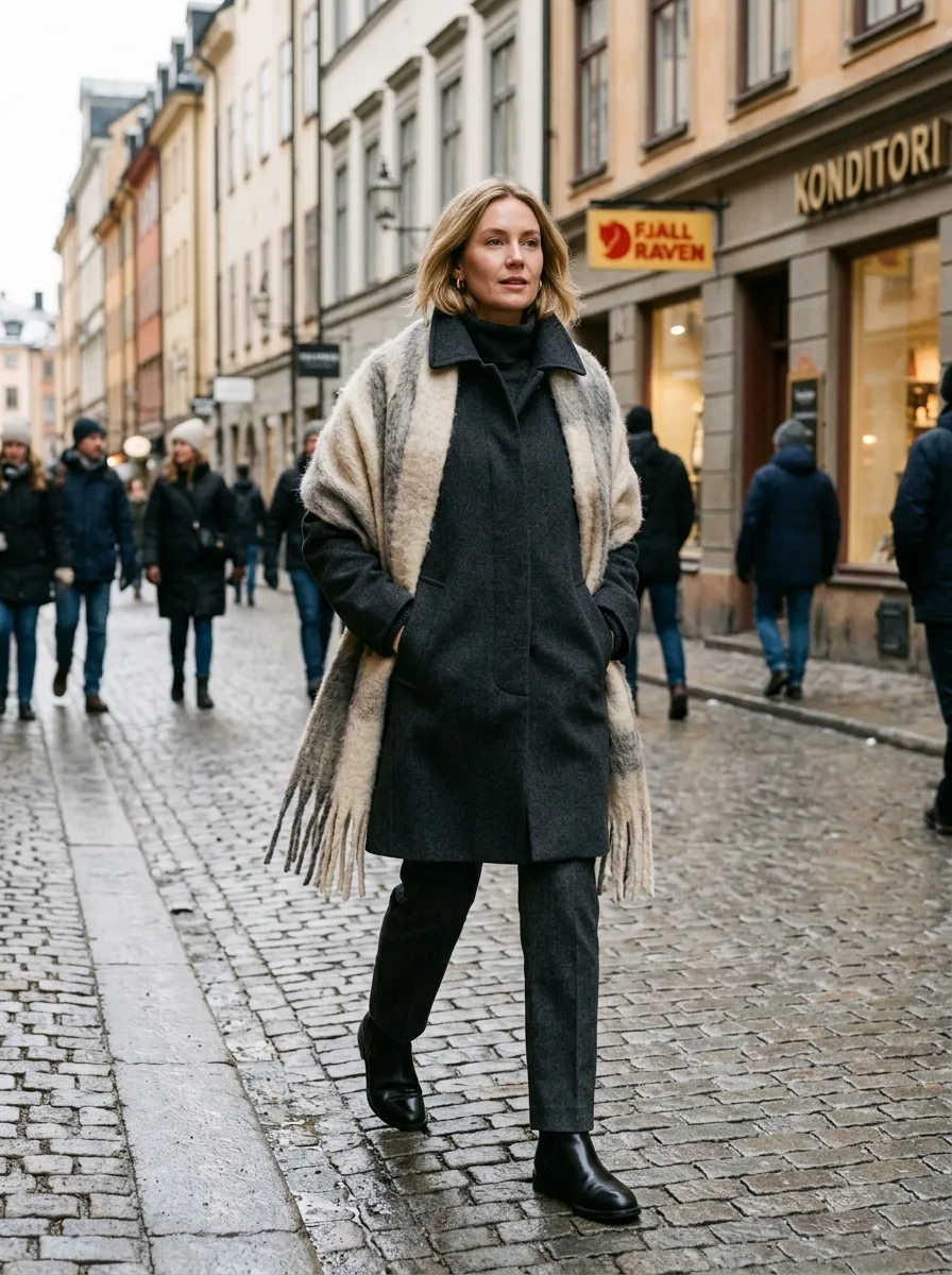 Woman wearing a fine-knit charcoal balaclava tucked under the lapels of a tailored double-breasted wool overcoat