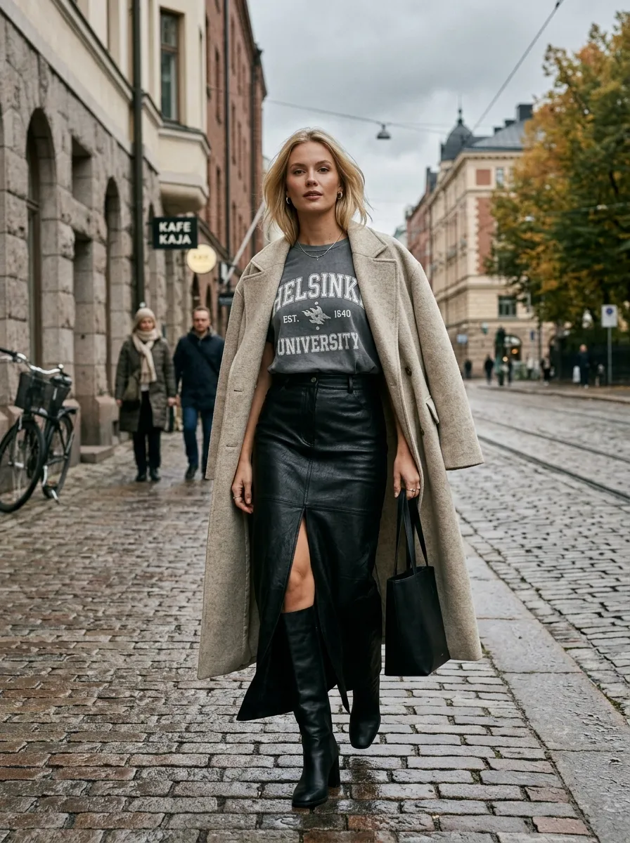 Collegiate lettering tee tucked into a black leather column skirt with knee-high boots