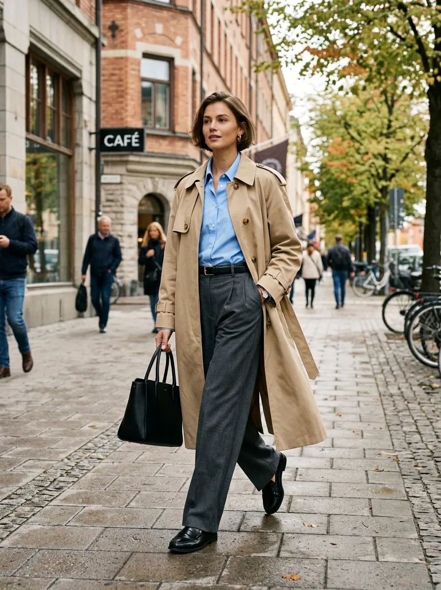 Woman wearing an olive trench coat over a charcoal half-zip knit with tailored wide-leg cargo trousers and lug-sole boots