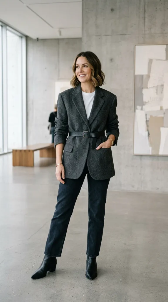 Woman wearing a belted structured wool wrap coat over an A-line knitted midi dress