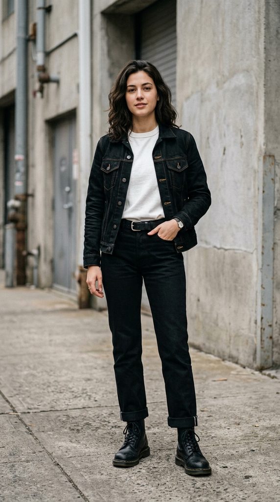 Woman in a chunky ivory cable-knit sweater layered over a black turtleneck with relaxed black jeans