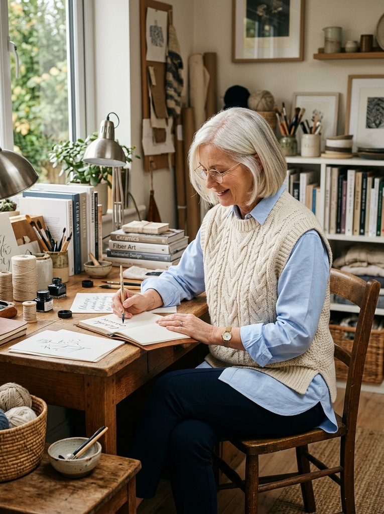 Woman wearing a long white cotton poplin tunic blouse over dark ribbed knit flared trousers