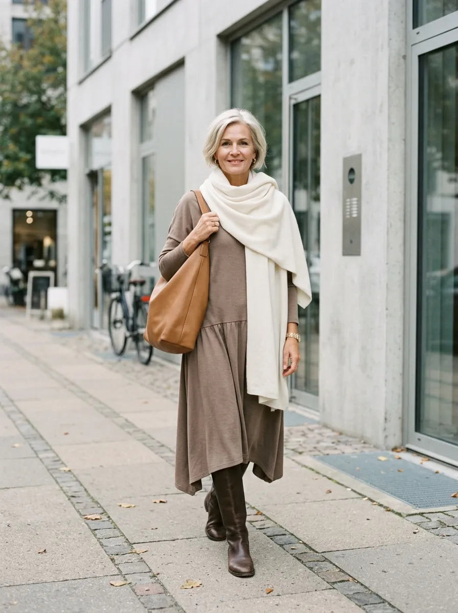 Taupe asymmetric drop-waist midi dress styled with a large cream cashmere scarf