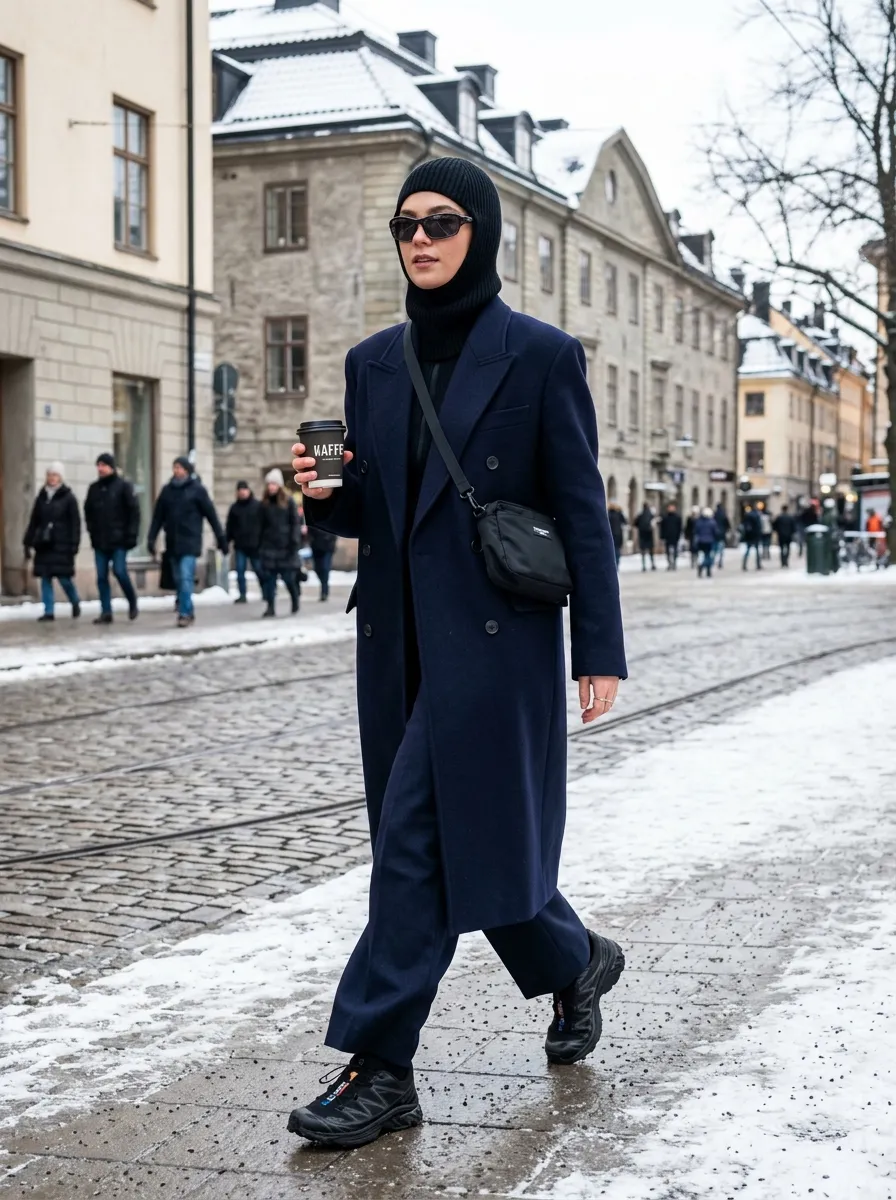 Woman in a full-length dark leather trench coat with knotted belt over a chunky cream fisherman turtleneck sweater