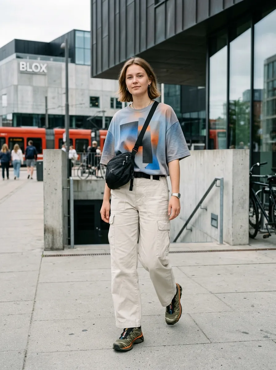 Abstract print tee with asymmetric tuck over stone wide-leg cargo pants
