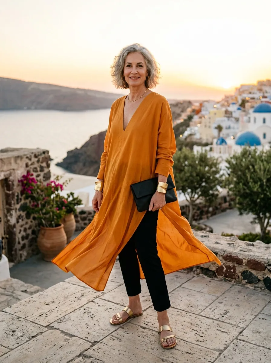 Oatmeal fine-gauge cashmere short-sleeve tee tucked into a flax A-line linen midi skirt with a wide belt