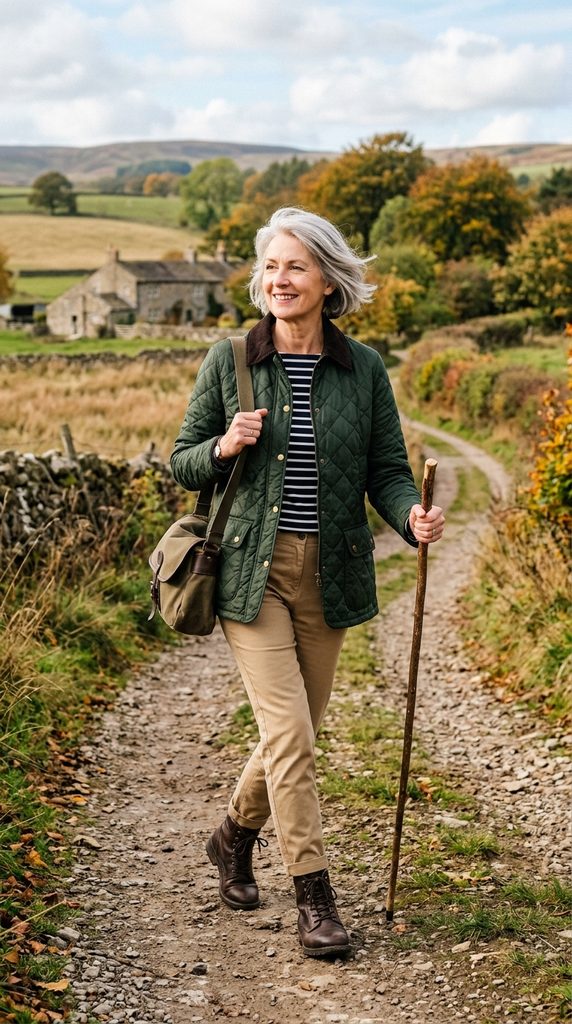 Woman wearing a sage quilted down vest over a chunky cream cable-knit cardigan with ponte knit trousers