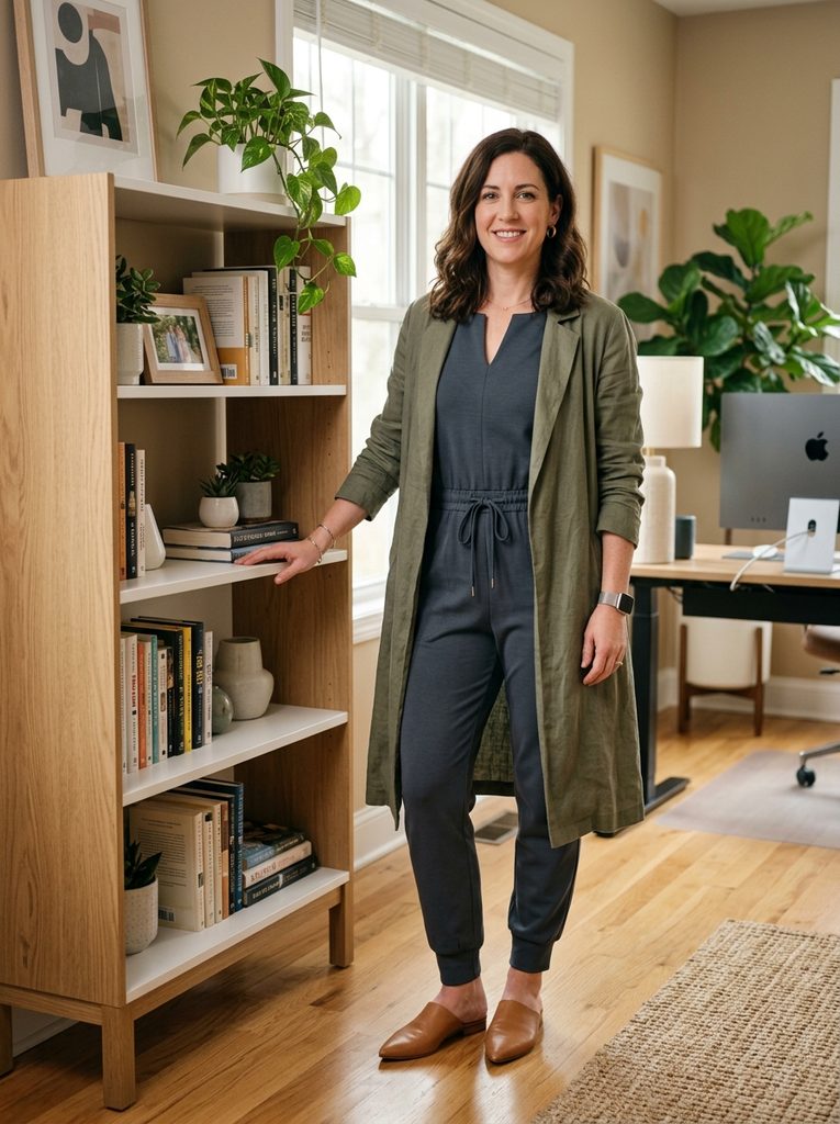 Woman wearing an open unstructured boiled wool cardigan coat over an ivory silk camisole with cotton chinos