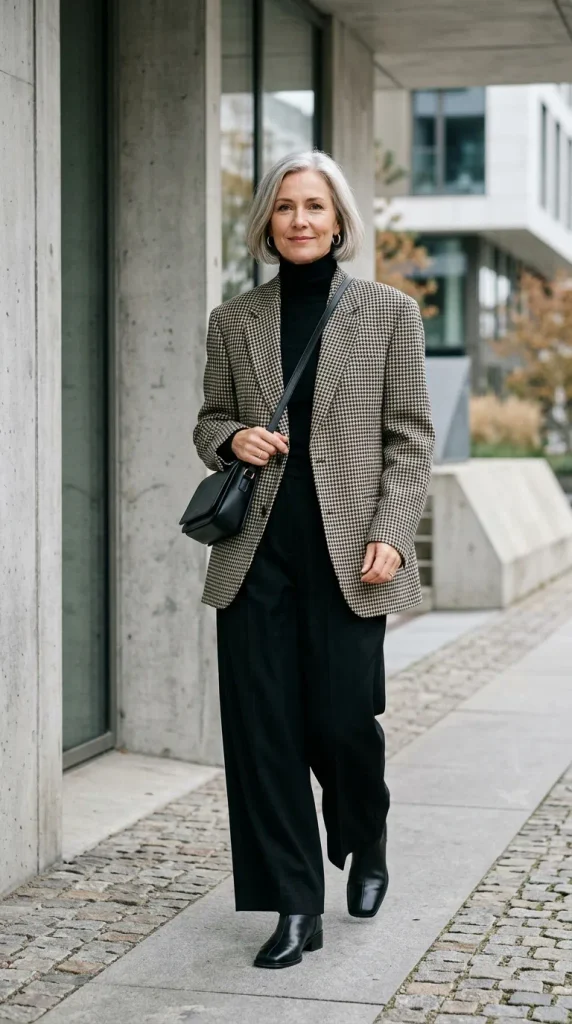 Woman wearing an olive green utility-style blazer over a navy and white striped Breton top with ecru chinos