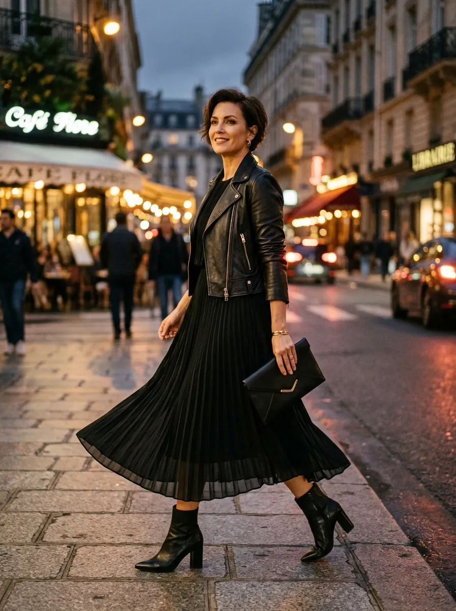 Dark indigo denim utility midi dress with patch pockets worn under a shearling-lined jacket