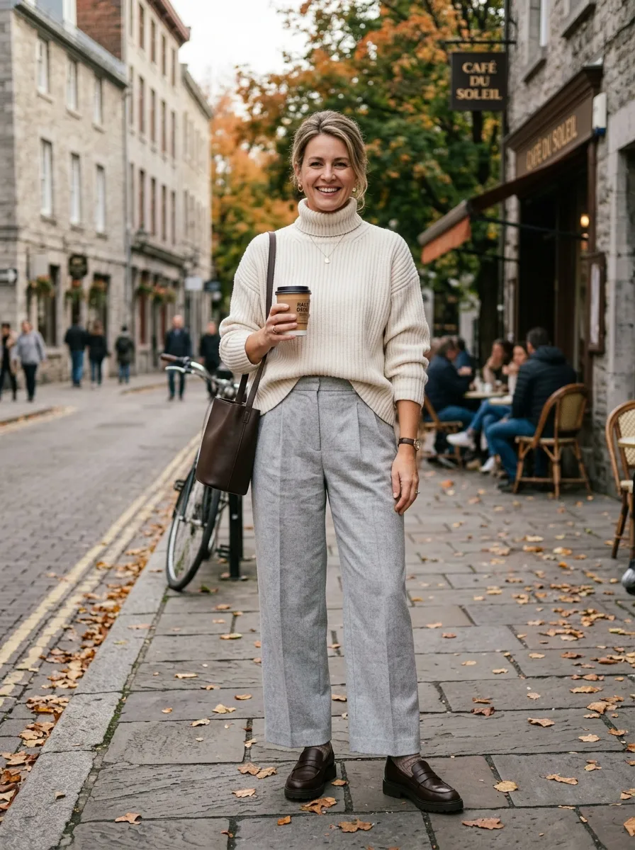 Sleeveless taupe knit vest layered over a long white poplin shirtdress
