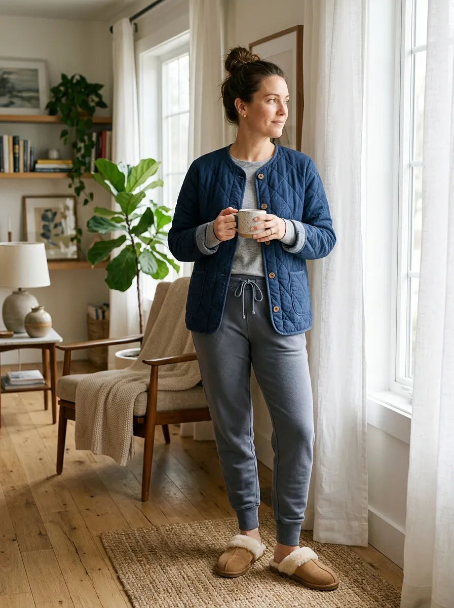 Navy diamond-quilted cotton house jacket over a grey long-sleeve tee with tapered slate French terry sweatpants