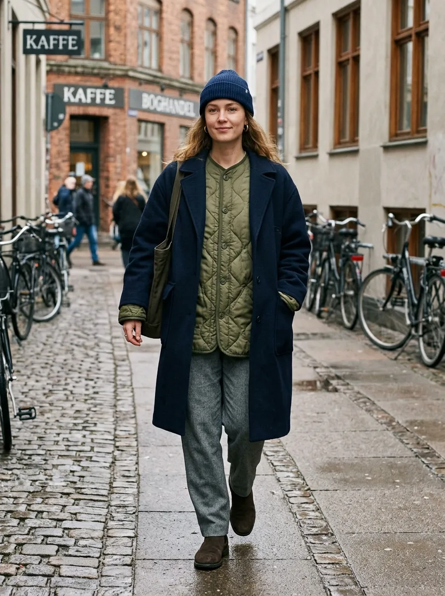Woman wearing an olive quilted liner jacket visible beneath an open oversized camel wool topcoat with a watch cap