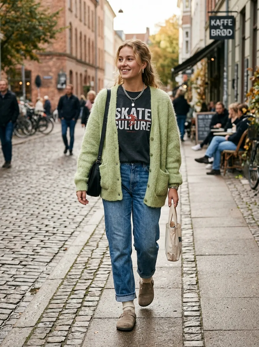 White skate graphic tee under an open fluffy pistachio mohair cardigan and straight jeans