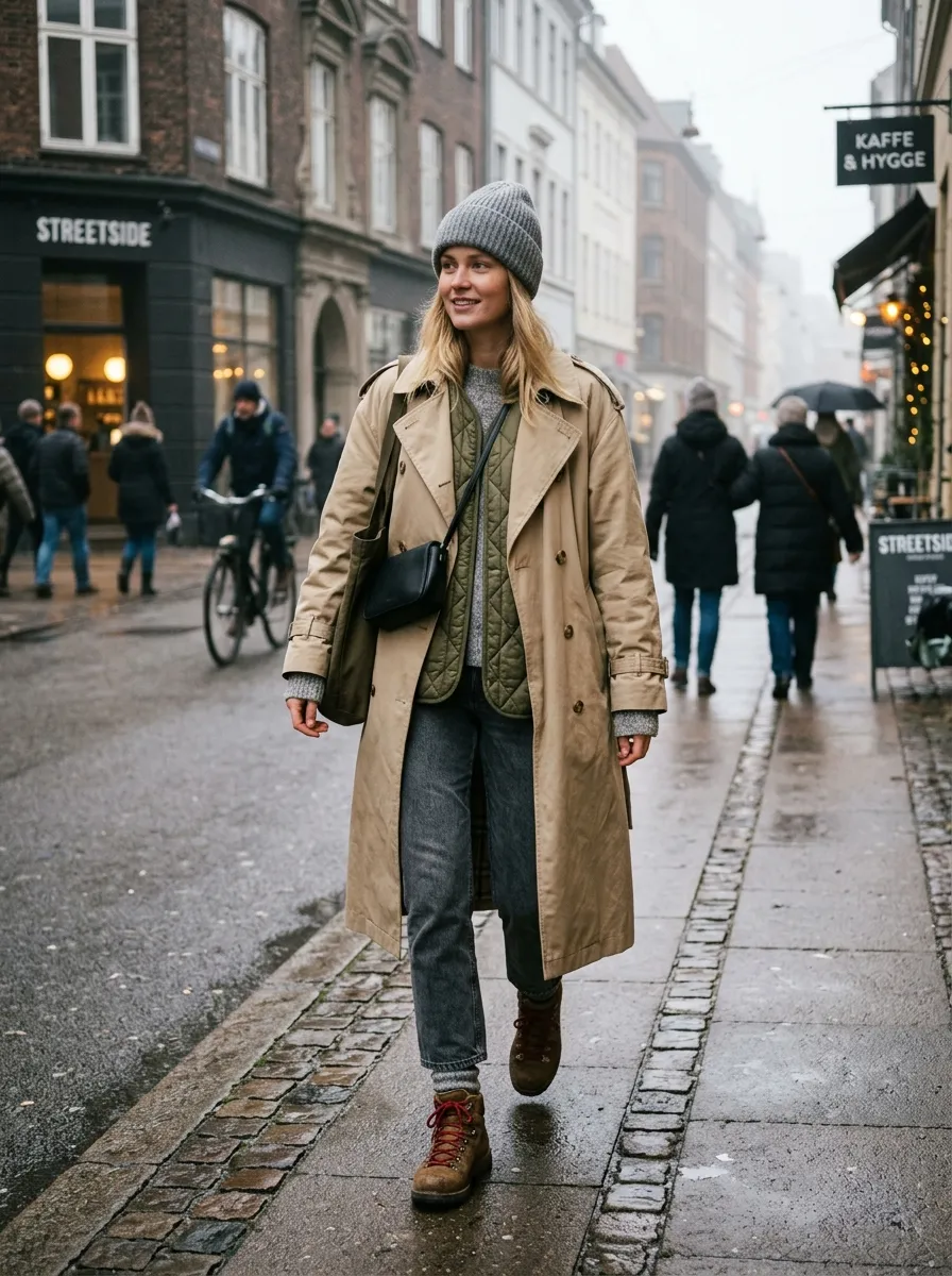 Woman wearing an oversized beige trench coat over a washed graphic tee and a dark satin slip skirt with combat boots