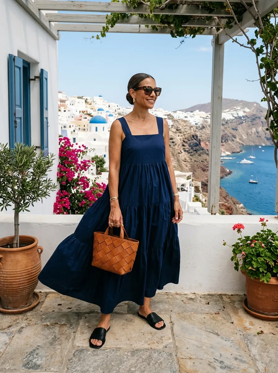 White tiered cotton poplin maxi dress with wide straps worn with flat espresso leather slide sandals