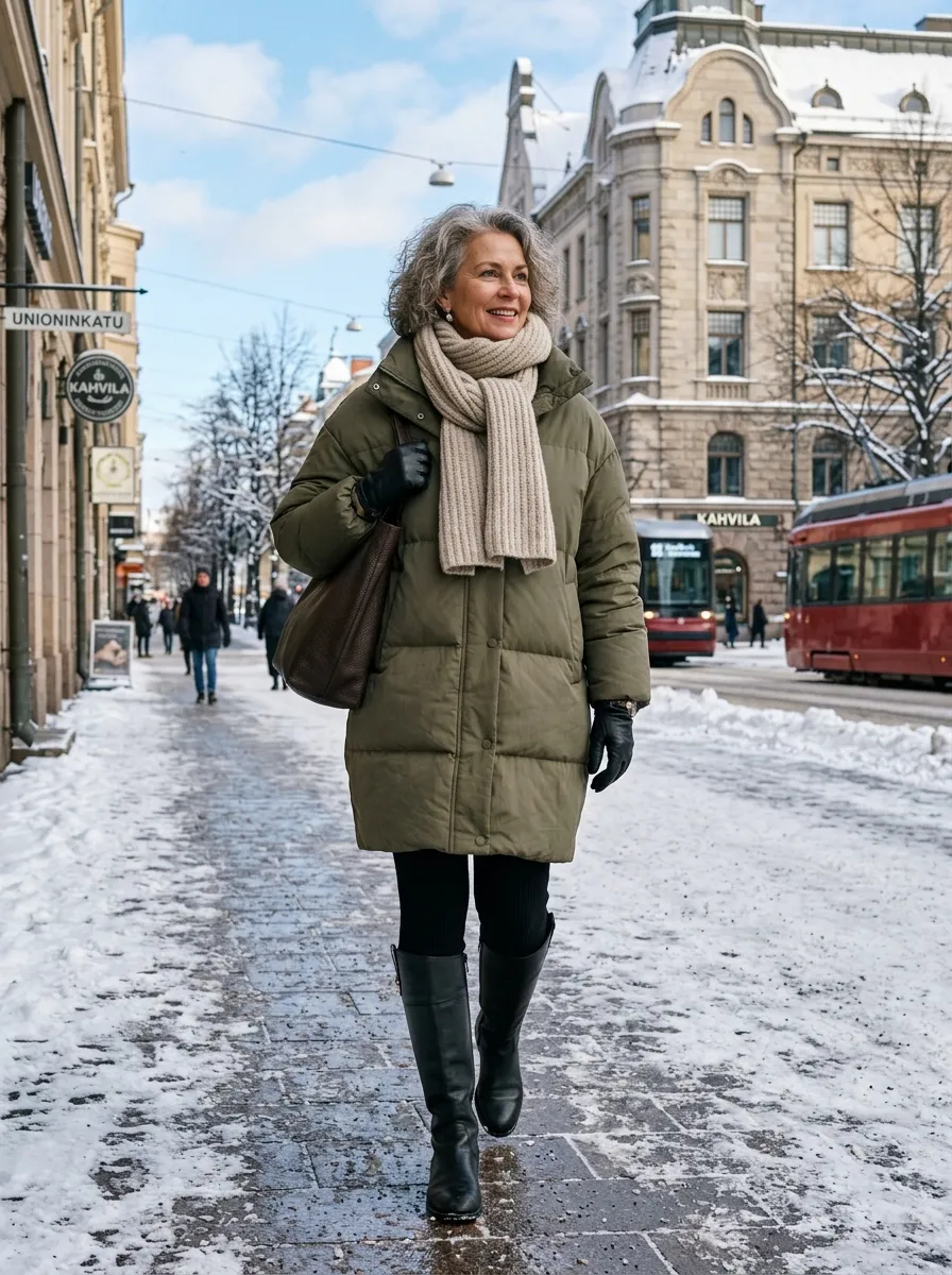 Woman in a matte black oversized puffer jacket over black ponte leggings and tall leather boots