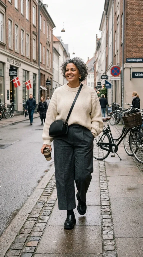 Woman wearing a thick cream fisherman rib-knit sweater loosely tucked into tailored grey wool trousers