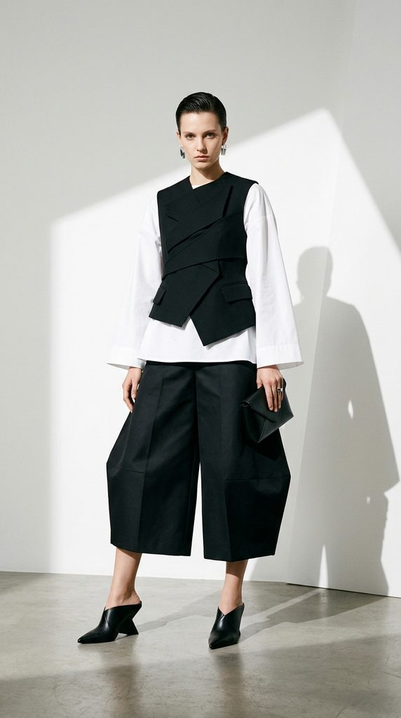 Woman wearing an ivory silk slip skirt with an oversized matte black knit sweater and black ankle boots
