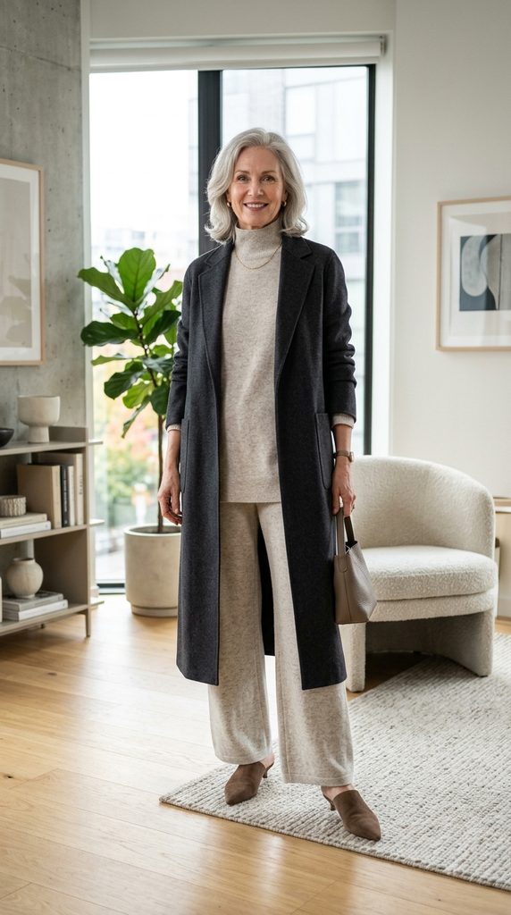 Woman over 50 wearing a burgundy fine-gauge merino knit midi dress with black leather knee-high boots