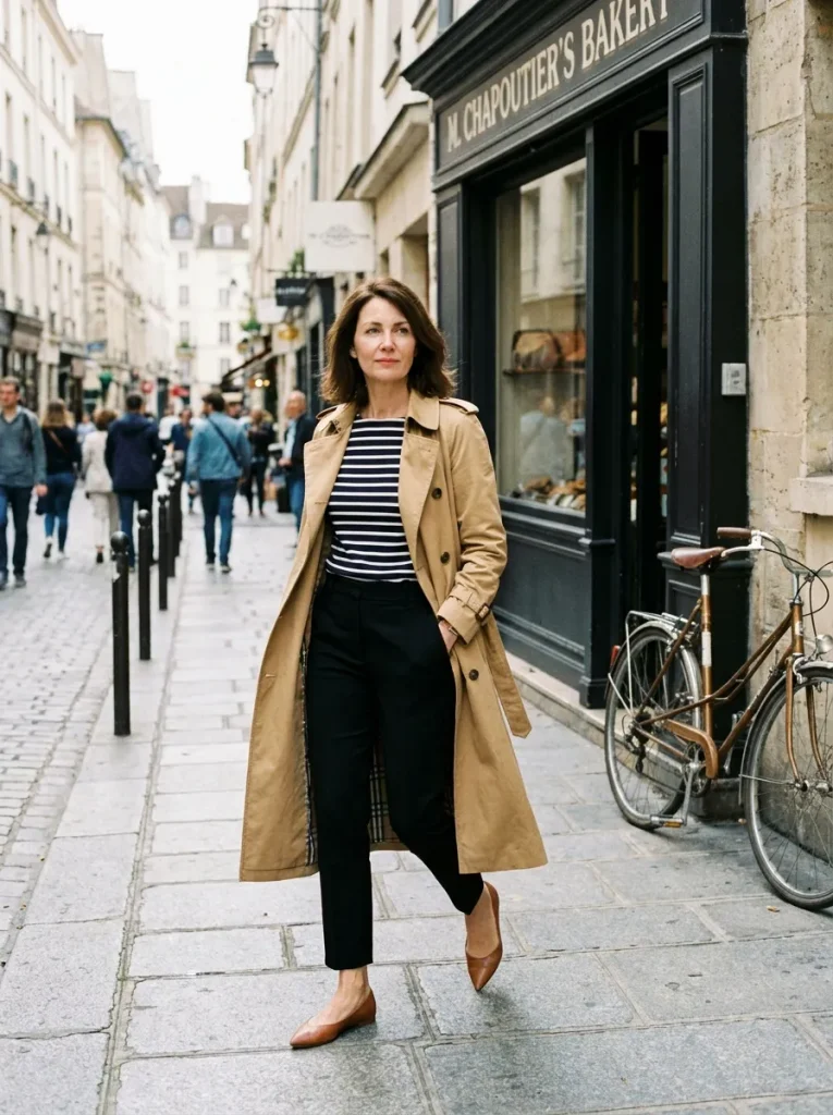 Woman wearing a collarless olive quilted jacket over a dove grey silk shirt with relaxed stonewashed jeans