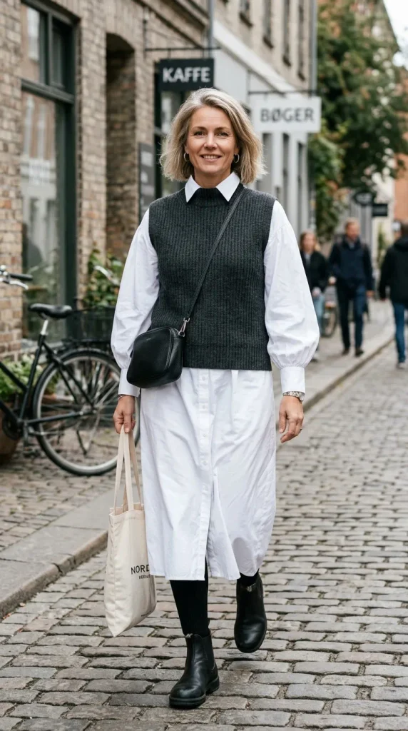 Woman wearing a fine dark green merino turtleneck under a structured wool pinafore dress with a square neckline